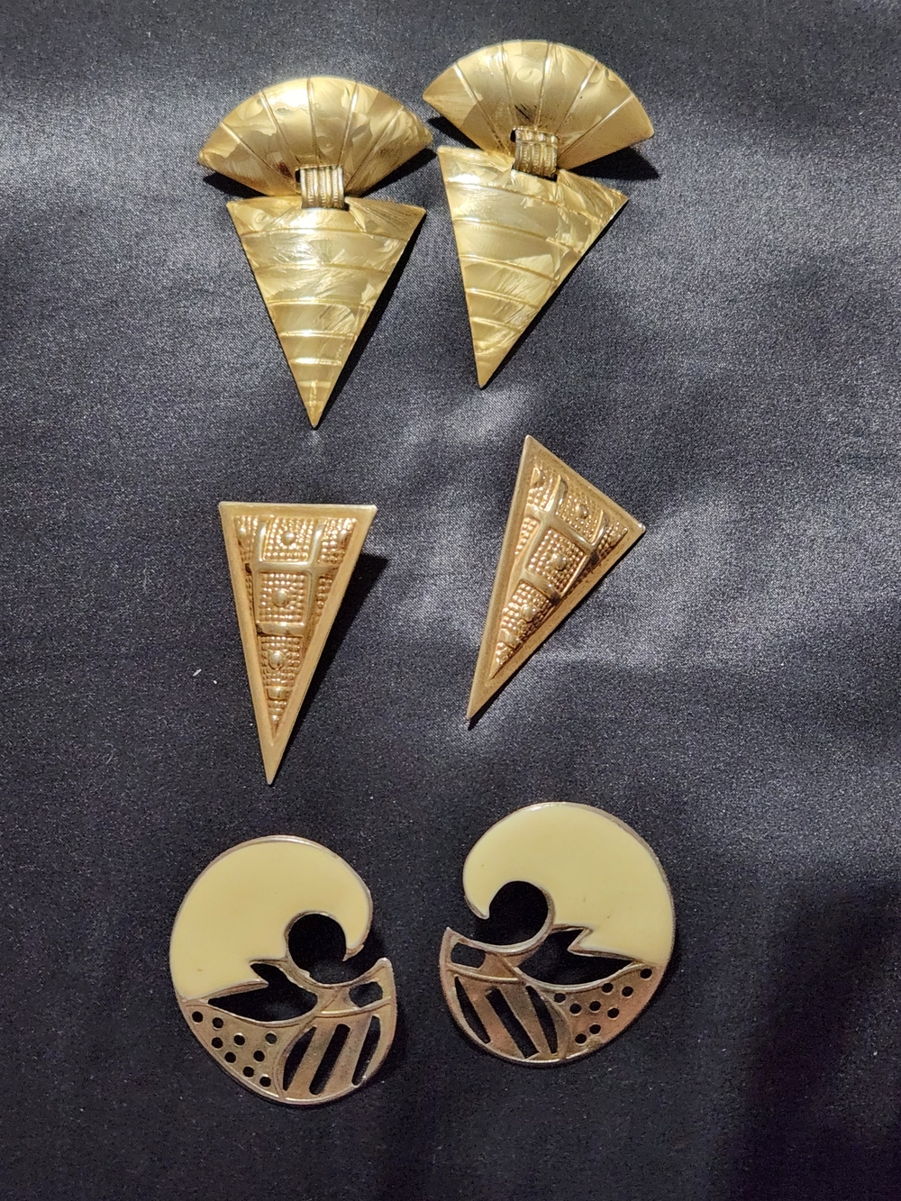 Vintage Gold-Tone and Cream Statement Earring Trio